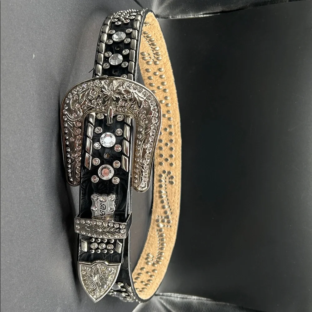 VTG BHW Rhinestone Belt‎ Black Leather and Silver Embellished Rhinestones 42”